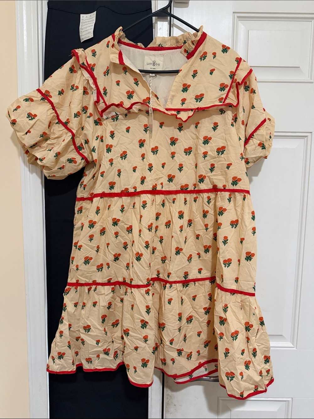 Umgee Cream Tiered Dress with Red Trim and Floral Motif